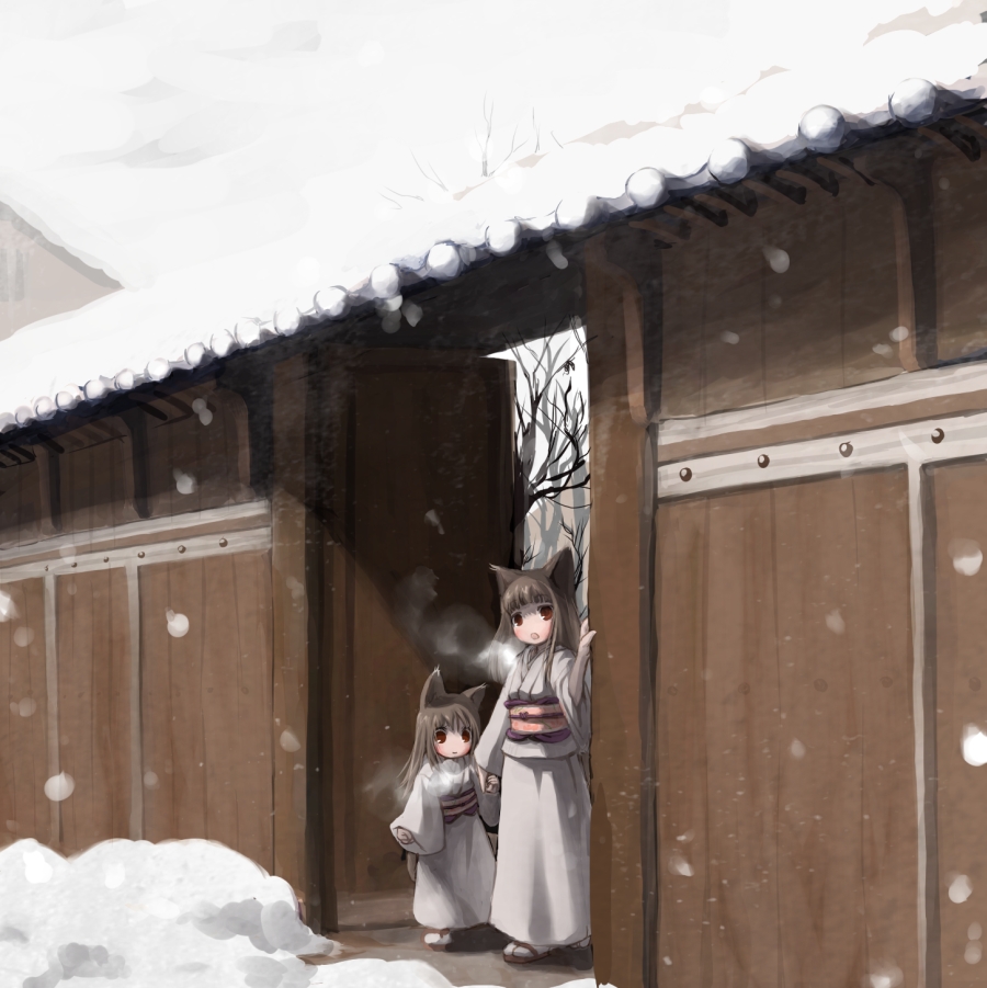 shiden, bad id, bad pixiv id, animal ears, japanese clothes, sankaku (pixi5000), snow, tail, tree