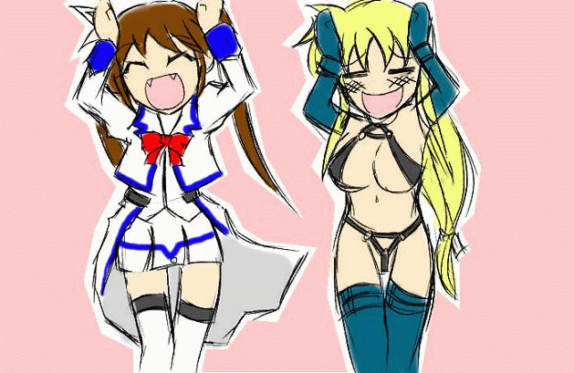 fate testarossa, takamachi nanoha, lyrical nanoha, mahou shoujo lyrical nanoha, mahou shoujo lyrical nanoha strikers, animated, animated gif, 00s, 2girls, blonde hair, bondage outfit, breasts, caramelldansen, multiple girls, thighhighs