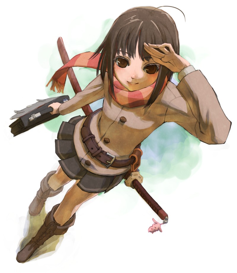 shiden, original, bad id, bad pixiv id, 1girl, ahoge, arm up, bag, belt, boots, brown boots, brown eyes, brown hair, buttons, charm (object), female focus, foreshortening, from above, katana, lace-up boots, looking at viewer, miniskirt, pleated skirt, sankaku (pixi5000), scarf, school uniform, serafuku, sheath, sheathed, skirt, smile, solo, striped clothes, striped scarf, sword, weapon