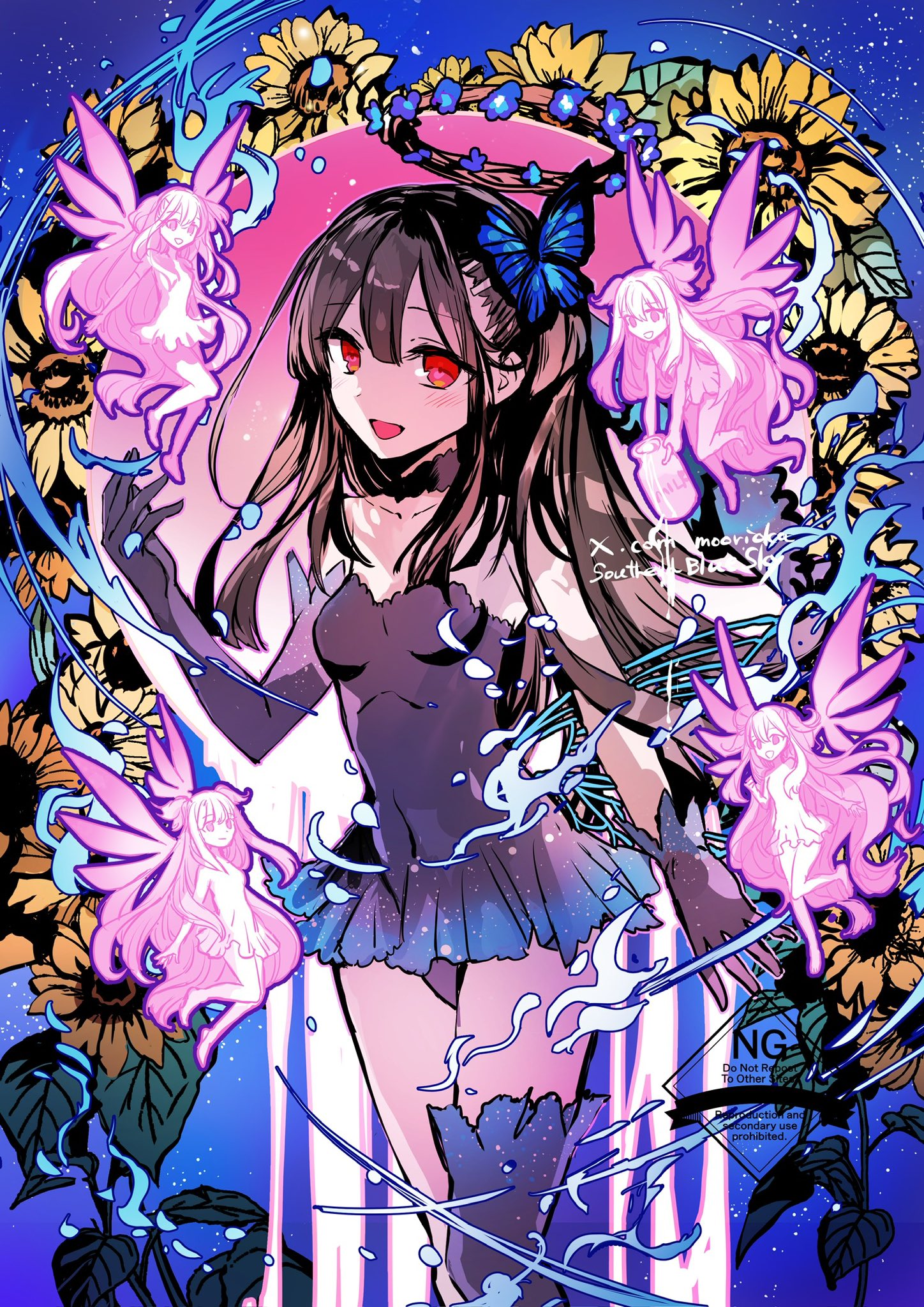 rioka (southern blue sky), illyasviel von einzbern, miyu edelfelt, miyu edelfelt (swimsuit lancer) (third ascension), fate/grand order, fate (series), highres, 5girls, asymmetrical gloves, bare shoulders, black gloves, black hair, black leotard, black thighhighs, blush, bottle, breasts, butterfly hair ornament, choker, fairy, flower, gloves, hair ornament, hair ribbon, hairclip, halo, illyasviel von einzbern (milk fairy), leotard, long hair, looking at viewer, milk, milk bottle, multiple girls, open mouth, red eyes, ribbon, sidelocks, single thighhigh, small breasts, smile, thighhighs, thighs