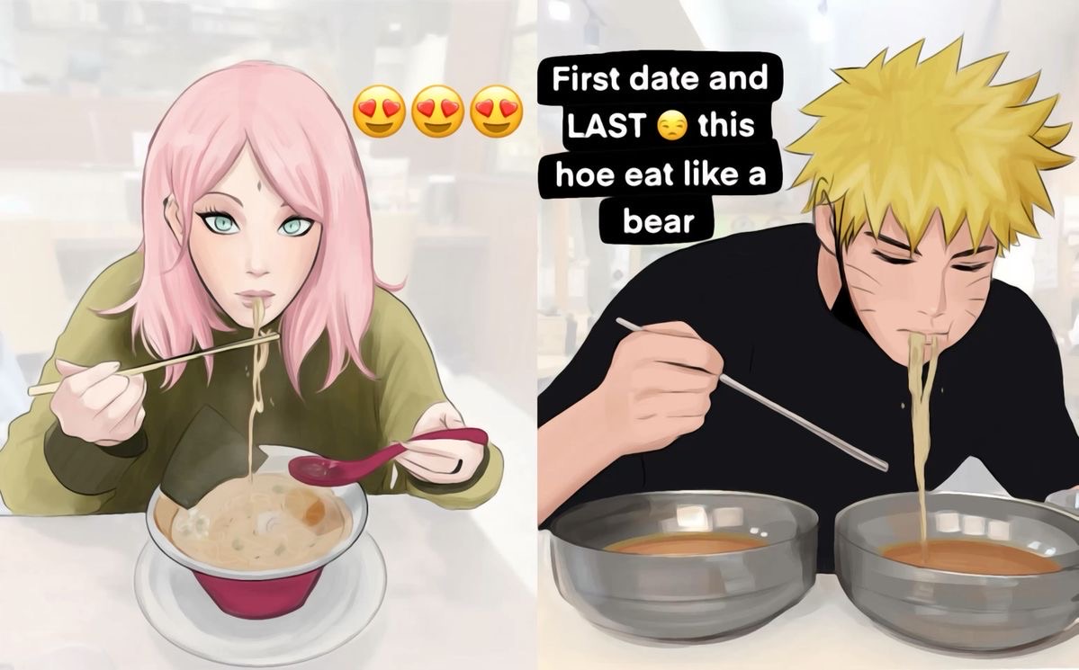 haruno sakura, uzumaki naruto, naruto (series), blonde hair, chopsticks, closed eyes, closed mouth, eating, emoji, english text, food, friedrice0404, green eyes, holding, holding chopsticks, noodles, pink hair, ramen, slurping