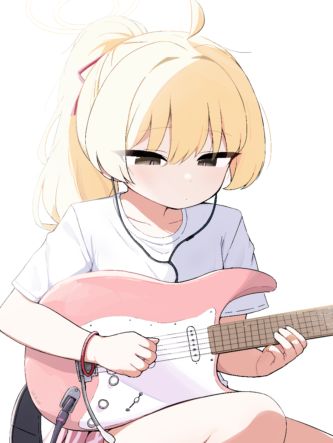 tagyeokgam, yoshimi (band) (blue archive), yoshimi (blue archive), blue archive, commentary, highres, 1girl, ahoge, bandaid, bandaid on finger, blonde hair, collarbone, earphones, electric guitar, fender stratocaster, guitar, halo, instrument, music, official alternate costume, pink skirt, playing guitar, playing instrument, ponytail, shirt, simple background, sitting, skirt, solo, t-shirt, white background, white shirt
