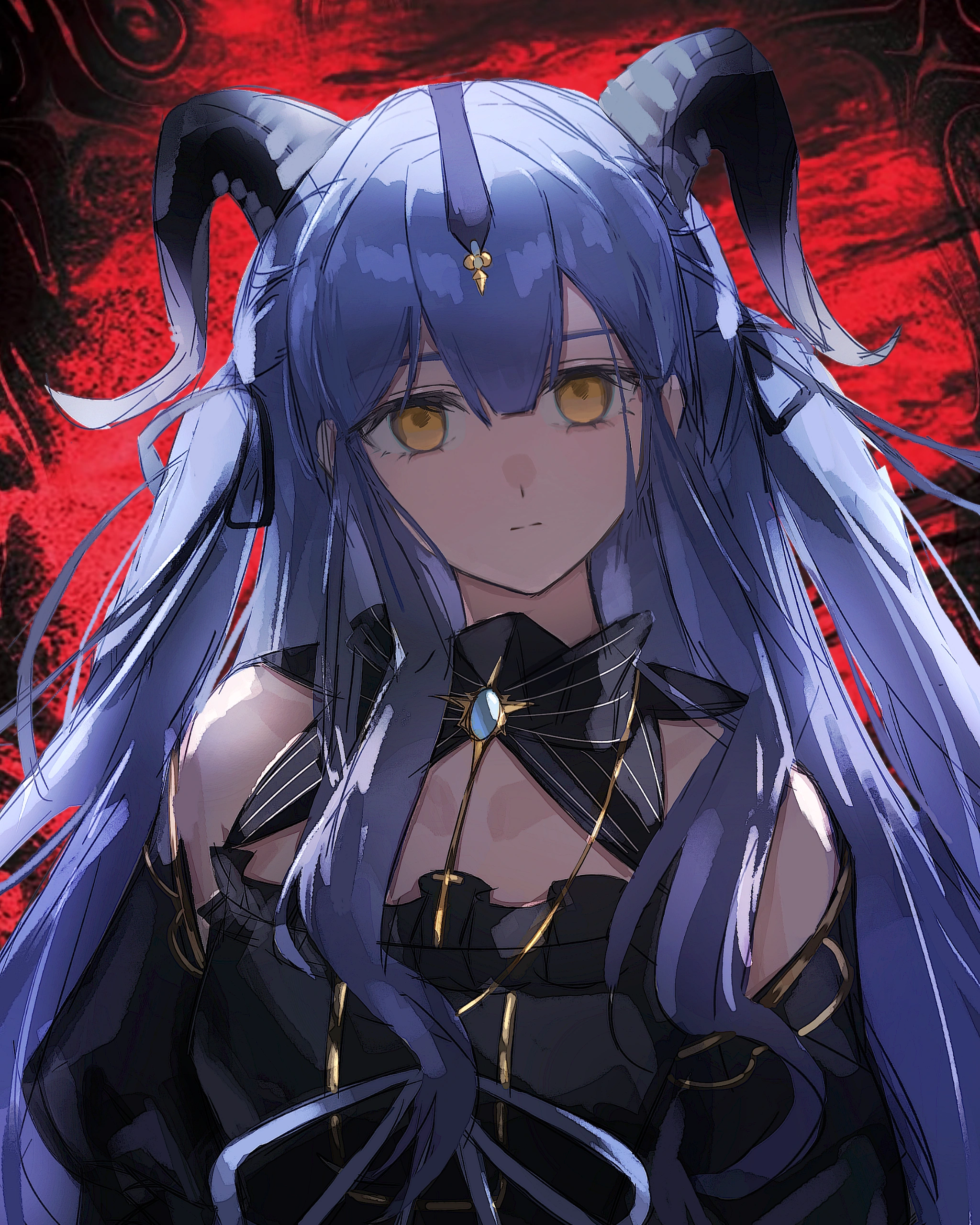 togawa sakiko, arknights, bang dream!, bang dream! it's mygo!!!!!, absurdres, chinese commentary, commentary request, highres, 1girl, bare shoulders, black dress, black horns, black ribbon, blue hair, closed mouth, curled horns, detached collar, dress, empty eyes, expressionless, hair between eyes, hair ribbon, horns, long hair, looking at viewer, mu (xhs 95638924573), official alternate costume, red background, ribbon, sidelocks, solo, togawa sakiko (master of melodia), upper body, yellow eyes