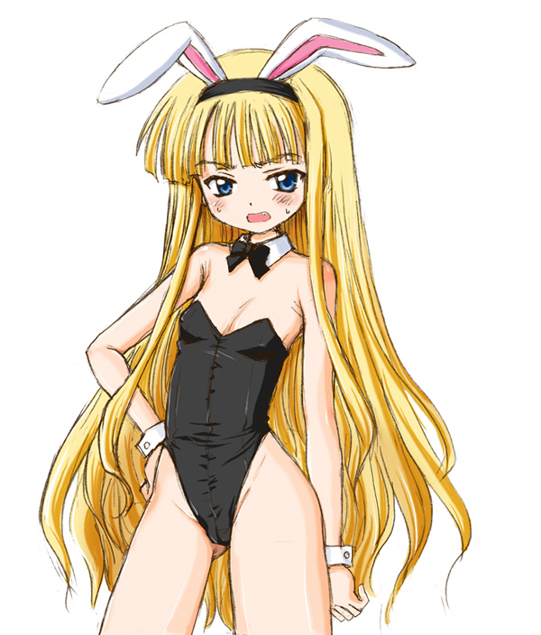 aoyama reo, evangeline a.k. mcdowell, mahou sensei negima!, 00s, 1girl, animal ears, aqua eyes, bare legs, blonde hair, blue eyes, blush, bow, bowtie, cameltoe, fake animal ears, fang, female focus, flat chest, hairband, hand on own hip, highleg, hip focus, leotard, long hair, open mouth, playboy bunny, rabbit ears, solo, sweat, vampire, very long hair, wrist cuffs