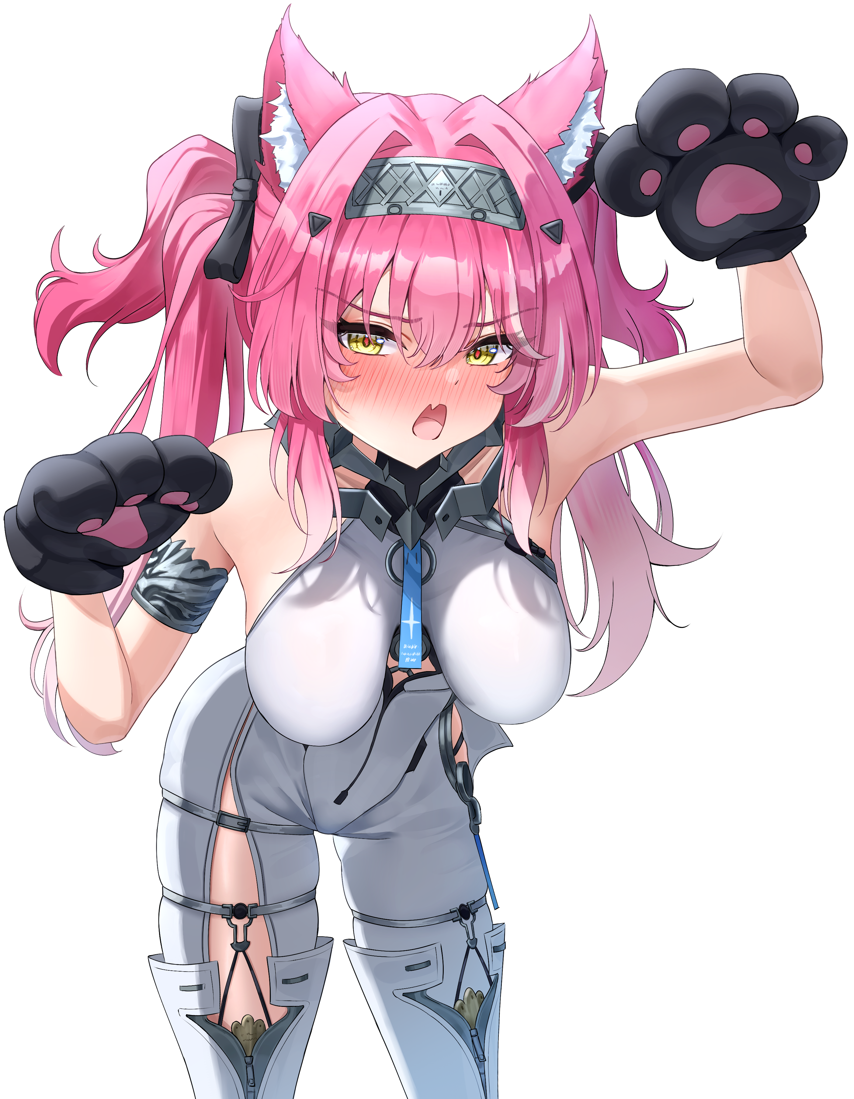 rua (rua0007113), lupa (wuthering waves), wuthering waves, absurdres, commentary request, highres, 1girl, animal ear fluff, animal ears, animal hands, armlet, bare shoulders, black bow, blush, bodysuit, bow, breasts, collar, gloves, gradient hair, hair between eyes, hair bow, hair ornament, hairband, hanging breasts, jewelry, kemonomimi mode, leaning forward, long hair, looking at viewer, medium breasts, metal collar, metal hairband, multicolored hair, no tail, nose blush, open mouth, paw gloves, paw pose, pink hair, red pupils, simple background, solo, streaked hair, twintails, white background, white bodysuit, wolf ears, wolf girl, yellow eyes