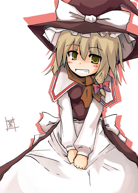aoi satsuki, kirisame marisa, touhou, 1girl, blush, female focus, hat, simple background, solo, witch, witch hat