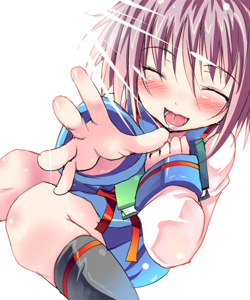 shiranagi, nagato yuki, suzumiya haruhi no yuuutsu, 00s, 1girl, ^ ^, blue skirt, blush, book, closed eyes, female focus, holding, holding book, long sleeves, open mouth, reaching, reaching towards viewer, shirt, simple background, sitting, skirt, solo, white background, white shirt