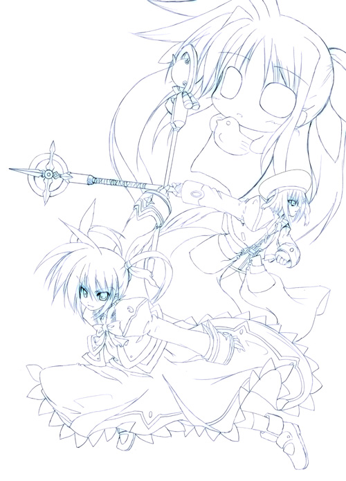 sen (astronomy), fate testarossa, raising heart, raising heart (accel mode), schwertkreuz, takamachi nanoha, yagami hayate, lyrical nanoha, mahou shoujo lyrical nanoha, mahou shoujo lyrical nanoha a's, 00s, 3girls, blue theme, bow, chibi, fingerless gloves, gloves, greyscale, hair ornament, hat, jacket, magazine (weapon), magical girl, monochrome, multiple girls, open clothes, open jacket, twintails, waist cape, wings, x hair ornament