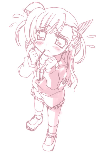 kisaki yuu, vivio, lyrical nanoha, mahou shoujo lyrical nanoha, mahou shoujo lyrical nanoha strikers, 00s, 1girl, aged down, ahoge, clenched hands, collarbone, drawstring, female focus, food, frilled skirt, frills, from above, frown, full body, hair ribbon, long sleeves, looking at viewer, looking up, monochrome, mouth hold, pink theme, pocky, raised eyebrows, ribbon, skirt, socks, solo, standing, two side up