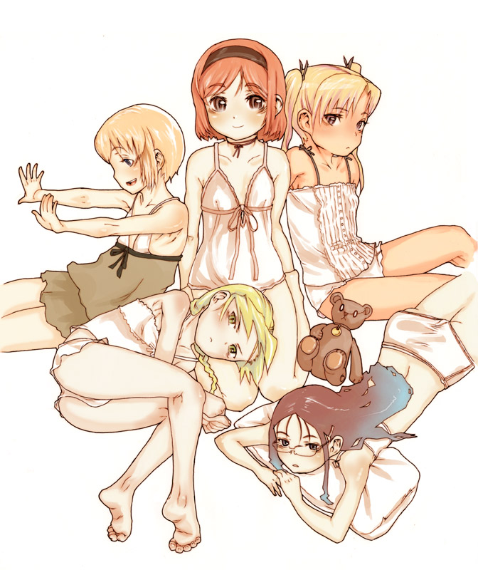 yamashita kurowo, claes, elsa de sica, henrietta (gunslinger girl), rico (gunslinger girl), triela, gunslinger girl, 00s, 5girls, barefoot, blonde hair, bob cut, camisole, feet, glasses, lingerie, multiple girls, negligee, panties, pillow, stuffed animal, stuffed toy, teddy bear, twintails, underwear