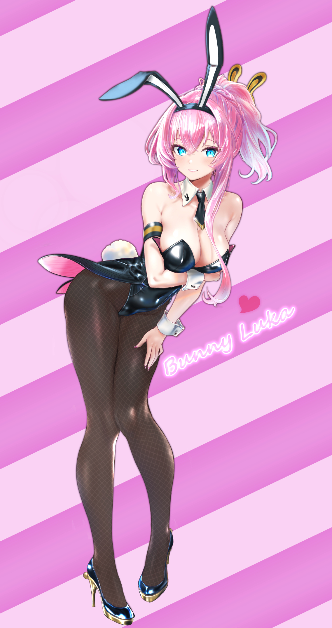 yukihane (snowowl515), megurine luka, vocaloid, commentary, highres, variant set, 1girl, animal ear hairband, animal ears, armband, black leotard, black necktie, black pantyhose, blue eyes, breasts, character name, cleavage, detached collar, diagonal-striped background, fake animal ears, fake tail, fishnet pantyhose, fishnets, full body, hairband, heart, high heels, high ponytail, leotard, looking at viewer, necktie, pantyhose, pink background, pink hair, playboy bunny, ponytail, rabbit ear hairband, rabbit ears, rabbit tail, short necktie, solo, strapless, strapless leotard, striped background, tail, wrist cuffs