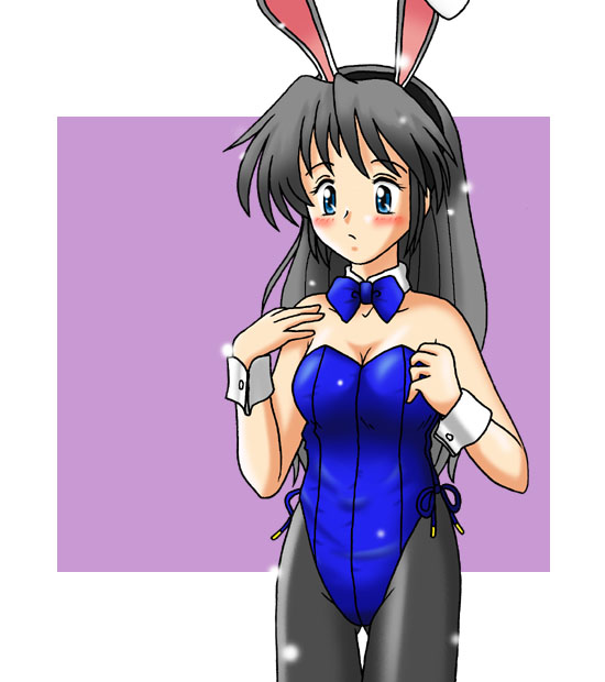 zoro (artist), zoro (razon de vida), sakagami tomoyo, clannad, silver hair, 00s, 1girl, animal ears, blue eyes, fake animal ears, female focus, leotard, long hair, pantyhose, playboy bunny, rabbit ears, solo, sparkle