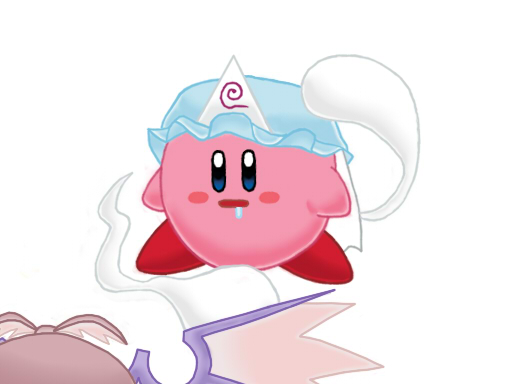 kirby, mystia lorelei, saigyouji yuyuko, kirby (series), nintendo, touhou, 1girl, crossover, hat, mob cap, parody, saliva, white background