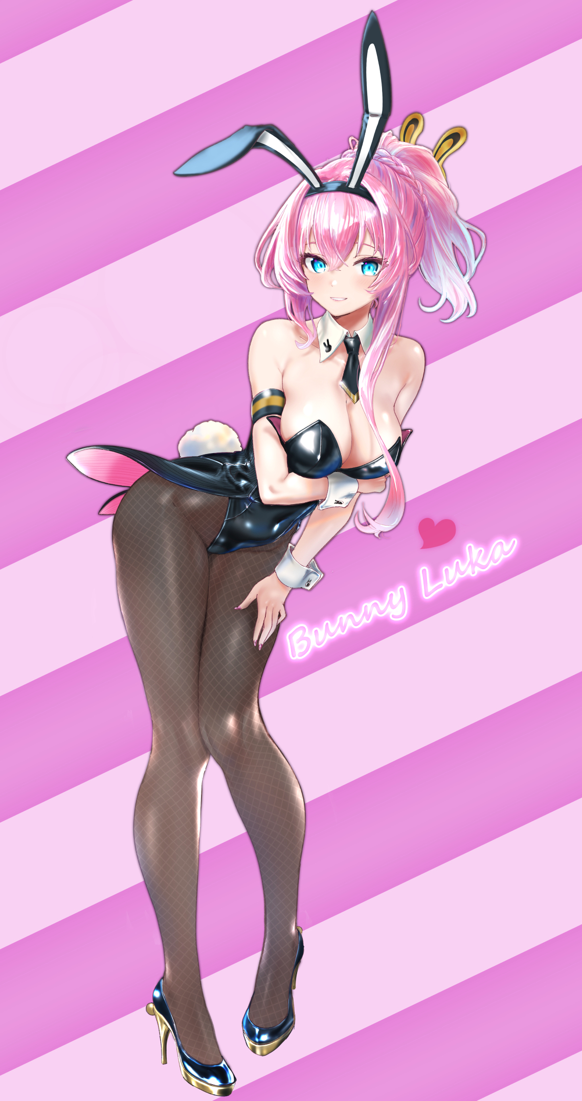 yukihane (snowowl515), megurine luka, vocaloid, commentary, highres, variant set, 1girl, animal ear hairband, animal ears, armband, black leotard, black necktie, black pantyhose, blue eyes, breasts, character name, cleavage, detached collar, diagonal-striped background, fake animal ears, fake tail, fishnet pantyhose, fishnets, full body, hairband, heart, high heels, high ponytail, leotard, looking at viewer, necktie, pantyhose, pink background, pink hair, playboy bunny, ponytail, rabbit ear hairband, rabbit ears, rabbit tail, short necktie, solo, strapless, strapless leotard, striped background, tail, wrist cuffs
