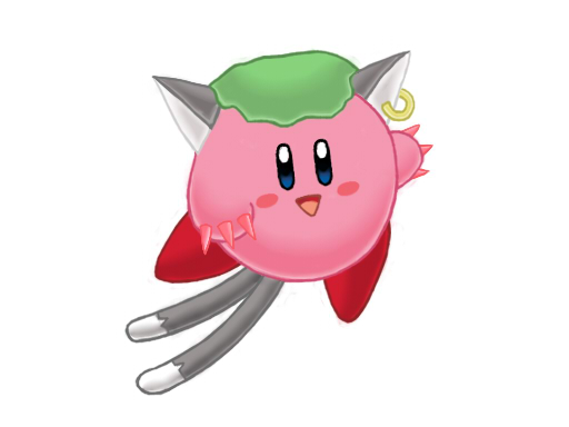 chen, kirby, kirby (series), nintendo, touhou, animal ears, blush stickers, cat ears, cat tail, chen (cosplay), claws, cosplay, crossover, earrings, hat, jewelry, multiple tails, no humans, parody, simple background, solo, tail, white background