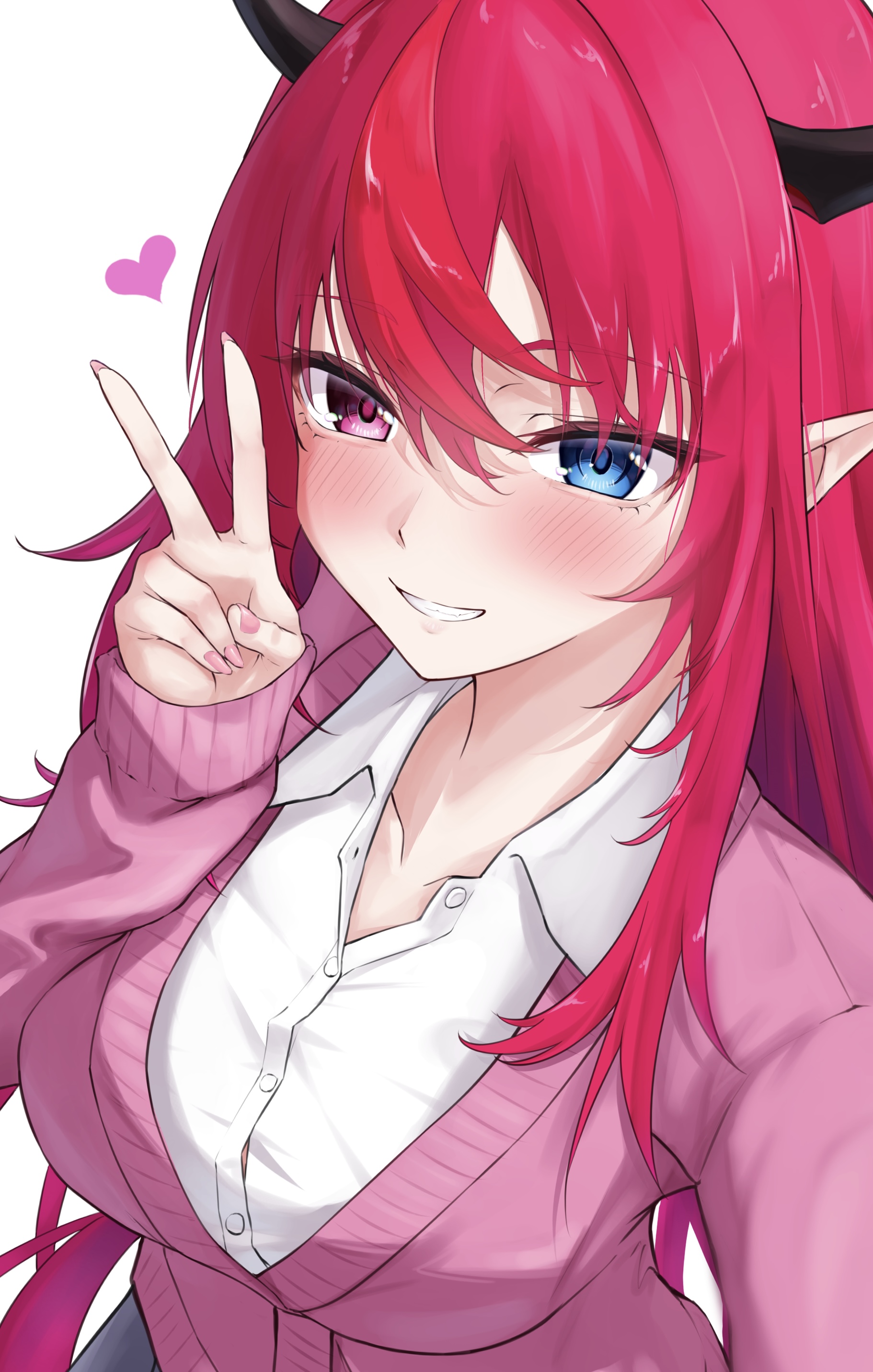 ilie ilie, irys (hololive), hololive, hololive english, absurdres, highres, 1girl, black horns, blue eyes, blush, breasts, buttons, cardigan, collared shirt, heart, heterochromia, horns, long hair, long sleeves, pink cardigan, pink eyes, pink hair, pink nails, shirt, smile, solo, v, virtual youtuber, white background, white shirt