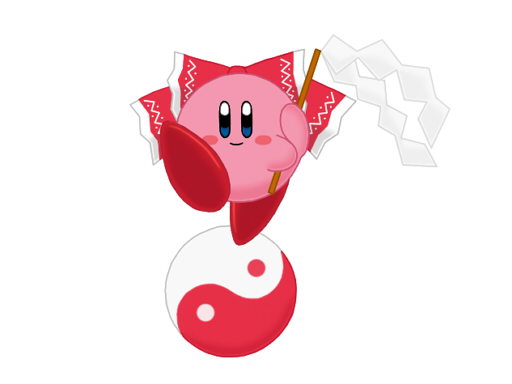 hakurei reimu, kirby, kirby (series), nintendo, touhou, crossover, fusion, gohei, holding, holding gohei, no humans, parody, simple background, solo, white background, yin yang