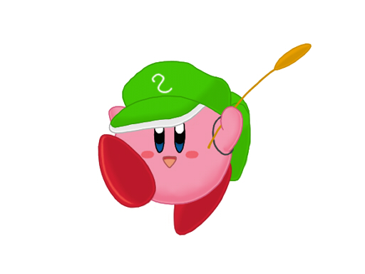 kawashiro nitori, kirby, kirby (series), nintendo, touhou, :d, backpack, bag, blue eyes, blush, crossover, female focus, flat cap, fusion, green hat, hat, looking at viewer, no humans, open mouth, parody, randoseru, simple background, smile, solo, white background