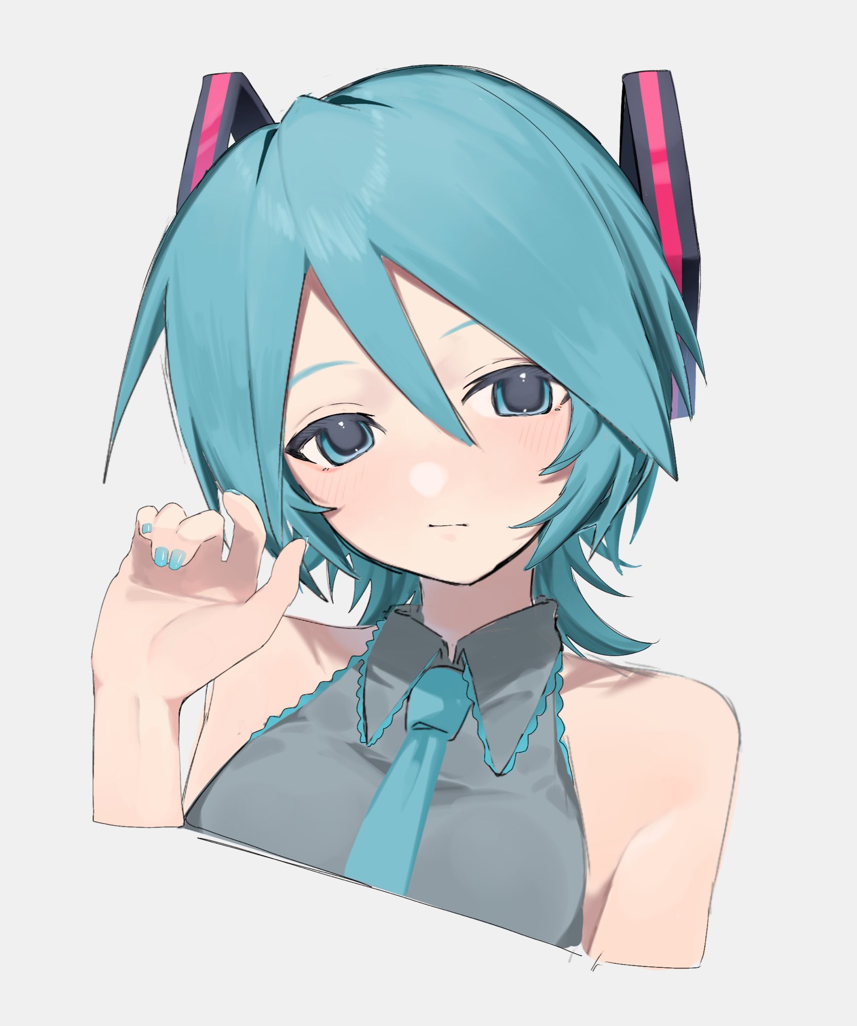 koko niiru, hatsune miku, vocaloid, hashtag-only commentary, highres, alternate hair length, alternate hairstyle, aqua hair, aqua nails, aqua necktie, bare shoulders, expressionless, grey shirt, looking at viewer, nail polish, necktie, shirt, short hair, simple background, sleeveless, sleeveless shirt, upper body, white background