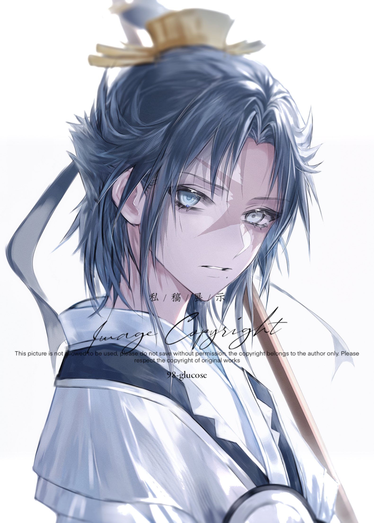 ren hakuryuu, magi the labyrinth of magic, artist request, commission, highres, second-party source, 1boy, blue eyes, blue hair, chinese clothes, hanfu, heterochromia, looking at viewer, male focus, medium hair, mole, mole under mouth, parted lips, scar, scar across eye, scar on face, simple background, solo, upper body, white background, white eyes, xiao guan (headdress)