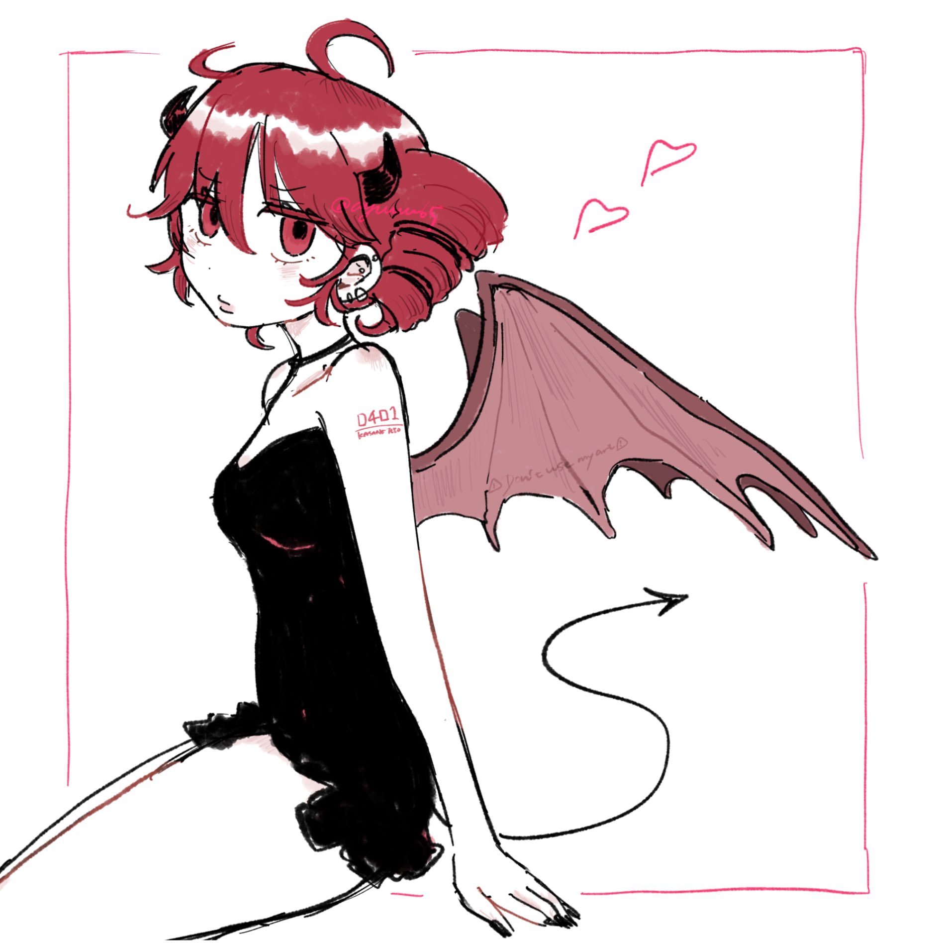 ayuuu65, kasane teto, utau, highres, 1girl, ahoge, bare shoulders, bat wings, black dress, demon girl, demon horns, demon tail, dress, drill hair, fingernails, from side, halterneck, heart, horns, looking at viewer, number tattoo, red eyes, red hair, sharp fingernails, short dress, shoulder tattoo, sitting, solo, tail, tattoo, twin drills, wings