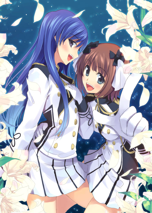 hamayumiba sou, amami haruka, kisaragi chihaya, idolmaster, idolmaster (classic), bad id, bad pixiv id, 00s, 2girls, band uniform, blue eyes, blue hair, brown hair, flower, lily (flower), long hair, multiple girls, petals, pointing, purple eyes, short hair