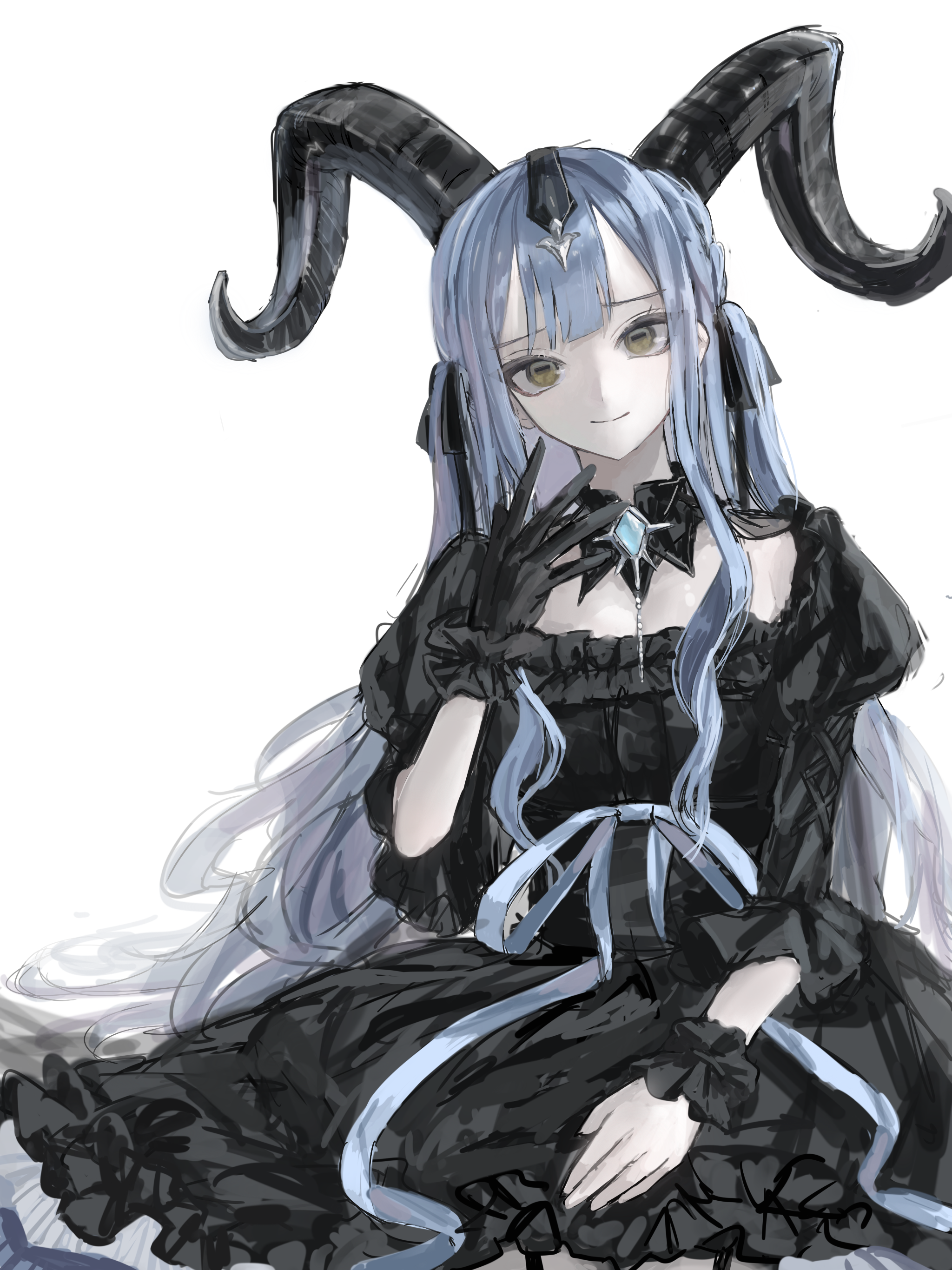 togawa sakiko, arknights, bang dream!, bang dream! it's mygo!!!!!, absurdres, commentary, highres, 1girl, black dress, black gloves, black horns, black ribbon, blue hair, blunt bangs, closed mouth, cowboy shot, curled horns, detached collar, dress, frilled dress, frills, gloves, hair ribbon, horns, long hair, looking at viewer, official alternate costume, ribbon, sidelocks, simple background, single glove, sitting, smile, solo, togawa sakiko (master of melodia), two side up, unko kone sawa, white background, wrist cuffs, yellow eyes