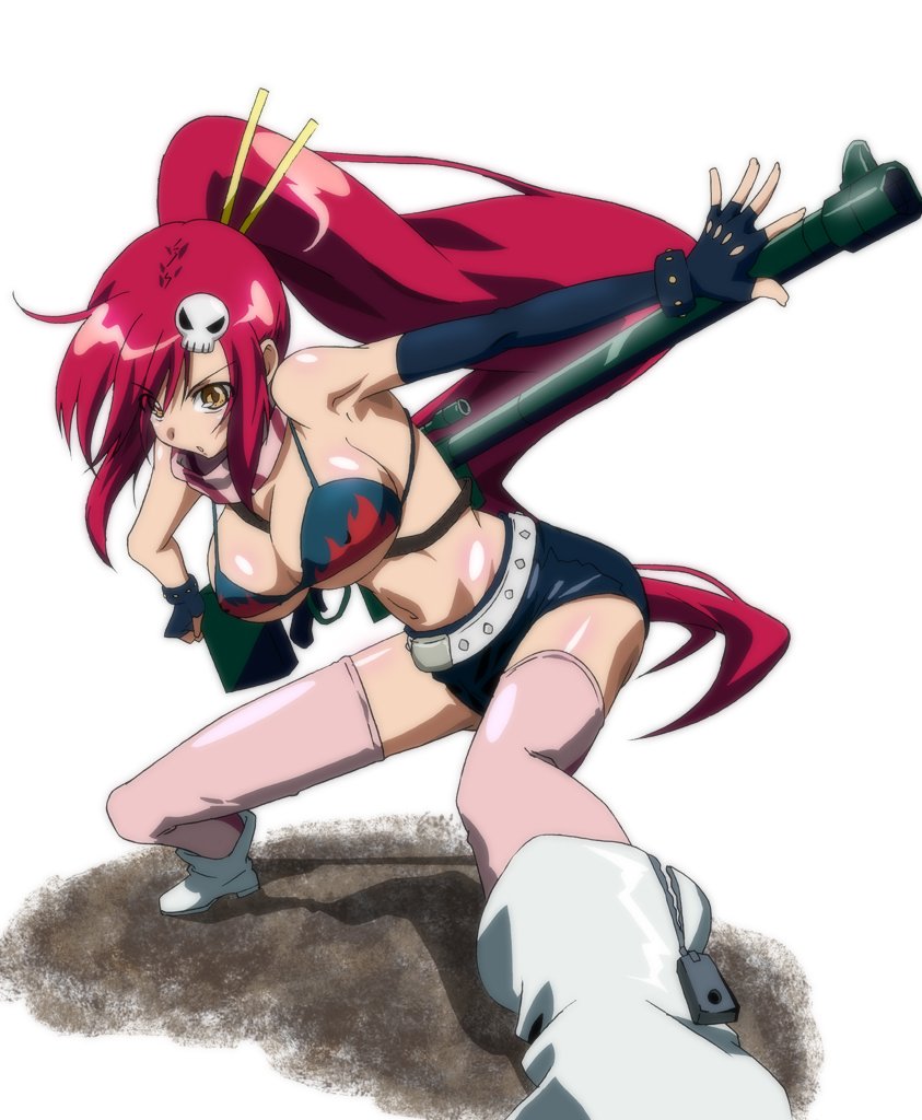 yuukami (wittsu), yoko littner, tengen toppa gurren lagann, 00s, 1girl, bikini, bikini top only, breasts, female focus, gun, large breasts, ponytail, red hair, rifle, short shorts, shorts, sniper rifle, solo, swimsuit, thighhighs, weapon