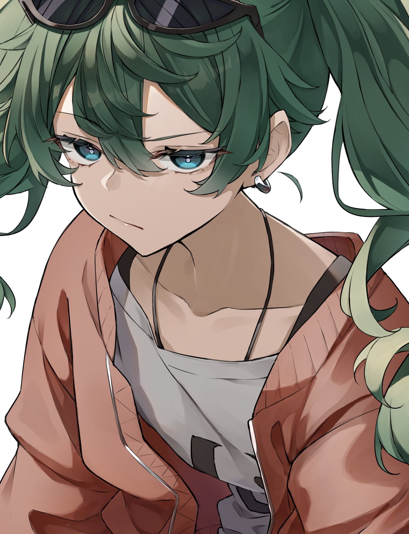 wanderlands k, hatsune miku, vocaloid, commentary, highres, unfinished, 1girl, :/, blue eyes, collarbone, ear piercing, eyewear on head, green hair, grey shirt, hair between eyes, jacket, long hair, looking at viewer, piercing, red jacket, shirt, simple background, solo, sunglasses, twintails, white background