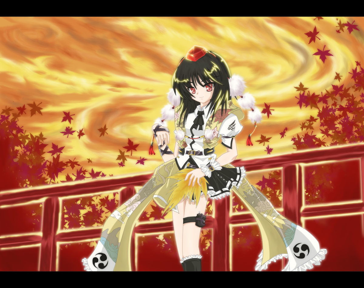 shameimaru aya, touhou, 1girl, autumn leaves, black bow, black bowtie, black hair, black skirt, black socks, bow, bowtie, falling leaves, female focus, fence, hat, kneehighs, leaf, letterboxed, looking at viewer, puffy short sleeves, puffy sleeves, red eyes, shirt, short hair, short sleeves, skirt, socks, solo, tokin hat, white shirt