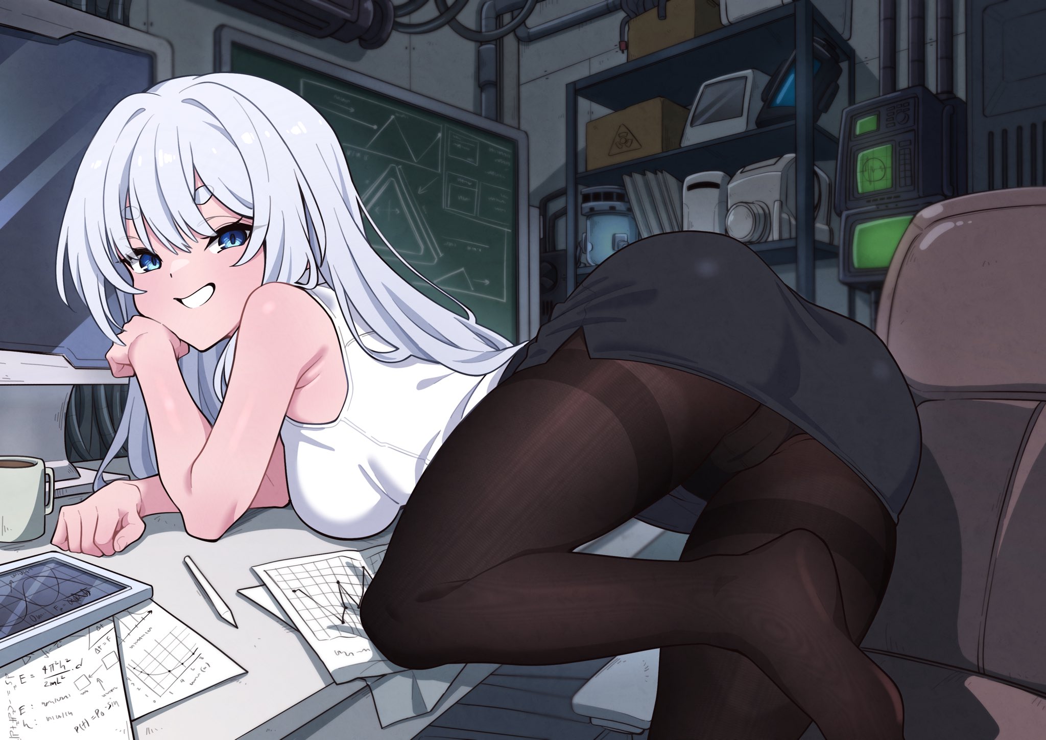 mekato, comic lo, original, highres, 1girl, ass, bare arms, bare shoulders, black pantyhose, blue eyes, breasts, desk, grin, indoors, large breasts, looking at viewer, looking back, on desk, pantyhose, sitting, skirt, sleeveless, smile, solo, thighs, underwear, white hair