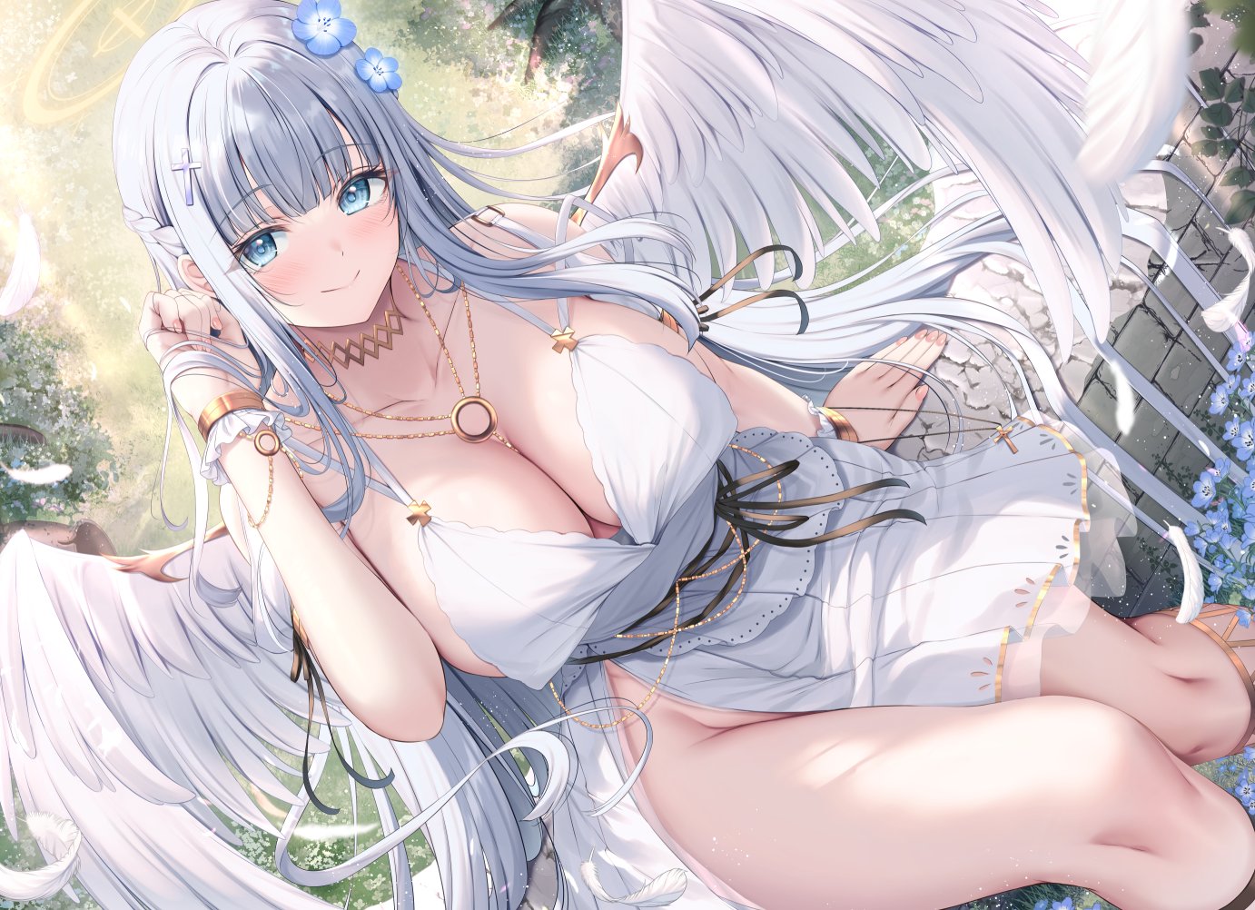 tomoo (tomo), original, commentary request, 1girl, angel wings, bare shoulders, blue eyes, bracelet, breasts, cleavage, closed mouth, collar, dress, flower, hair flower, hair ornament, hand up, jewelry, large breasts, long hair, looking at viewer, necklace, pleated dress, side slit, smile, solo, thighs, very long hair, white dress, white hair, wings