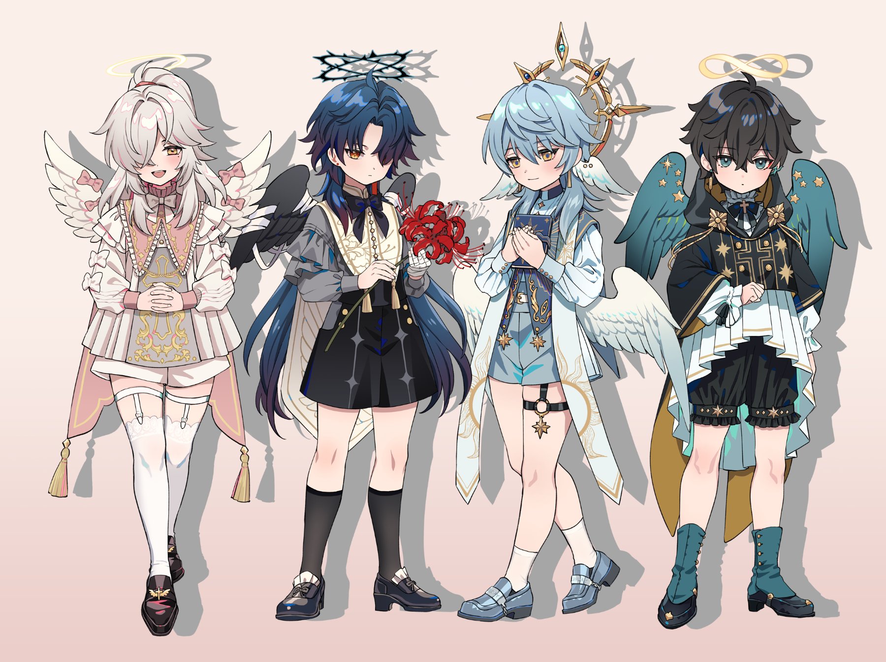 huayne, blade (honkai: star rail), dan heng (honkai: star rail), jing yuan, sunday (honkai: star rail), honkai: star rail, honkai (series), chinese commentary, highres, 4boys, :d, aged down, alternate costume, angel, angel wings, aqua wings, arm at side, bandaged hand, bandaged wings, bandages, belt, belt buckle, black bow, black bowtie, black coat, black hair, black halo, black ribbon, black shoes, black shorts, black socks, black wings, blue hair, blush, book, bow, bow on wing, bowtie, buckle, capelet, clenched hand, closed mouth, coat, coattails, cross, cross brooch, cross print, curtained hair, dot mouth, double halo, drop shadow, earrings, expressionless, eyeliner, feathered wings, flower, frilled shirt collar, frilled shorts, frills, full body, gold earrings, grey shirt, grey shoes, grey shorts, grey vest, hair between eyes, hair over one eye, hair ribbon, halo, halo behind head, head wings, high-waist shorts, high ponytail, holding, holding book, holding flower, hood, hood down, hooded coat, infinity symbol, jewelry, legwear garter, lineup, loafers, long hair, long shirt, long sleeves, looking at viewer, low wings, makeup, male focus, mandarin collar, medium hair, mole, mole under eye, multiple boys, o-ring, o-ring thigh strap, one eye covered, open mouth, ophanim halo, own hands clasped, own hands together, piercing, pink bow, pink ribbon, pleated shirt, ponytail, puritan collar, red eyeliner, red eyes, red flower, ribbon, scarf, shirt, shoes, short hair, short shorts, shorts, simple background, sleeve bow, sleeve ribbon, smile, socks, spats (footwear), spider lily, spiked halo, standing, star (symbol), star print, stole, sun print, sweater guard, tabard, tassel, thigh strap, thighhighs, traditional halo, two-sided coat, two-sided fabric, vest, w arms, white belt, white bow, white bowtie, white capelet, white hair, white scarf, white shirt, white shorts, white socks, white thighhighs, white wings, wing ornament, wing piercing, wing print, wings, yellow coat, yellow eyes, yellow halo