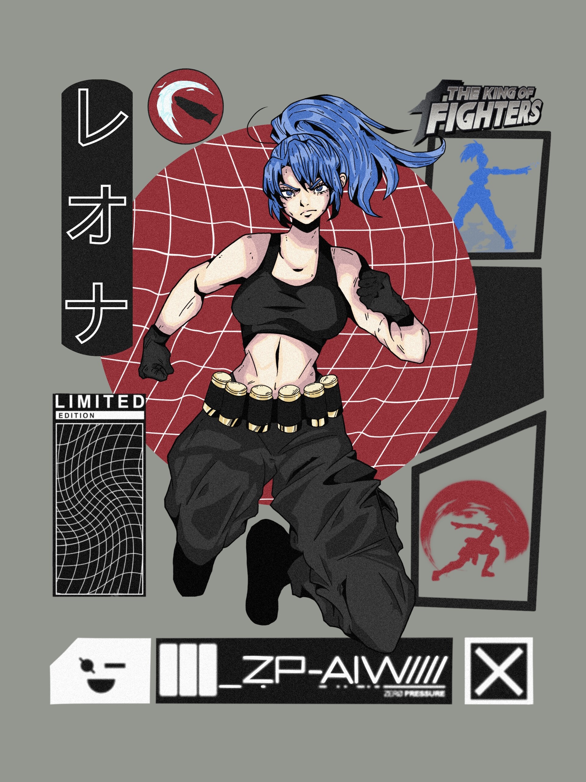 leona heidern, the king of fighters, 1girl, breasts, female focus, gloves, huge breasts, japanese text, large breasts, leather, long hair, military, pale skin, pants, ponytail, shirt, tank top, thick thighs, thighs, tight clothes, tight shirt, vicky luu, vickyluu, vickyluu785, wide hips