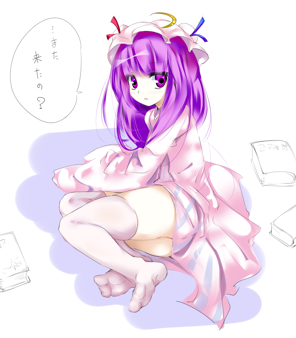 oouso, patchouli knowledge, touhou, translated, 1girl, ass, book, female focus, long hair, purple eyes, purple hair, solo, thighhighs