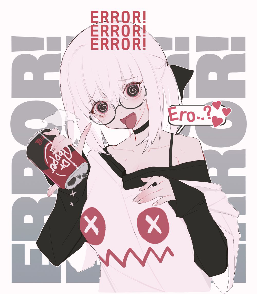 planbi, dr pepper, original, 1girl, :d, @ @, bare shoulders, black bow, black choker, black eyes, black shirt, bow, breasts, breath, can, choker, cleavage, collarbone, crossed bangs, drooling, facing viewer, hair between eyes, hair bow, heart, holding, holding can, layered shirt, layered sleeves, long sleeves, looking at viewer, medium breasts, medium hair, off shoulder, open mouth, print shirt, saliva, saliva trail, shirt, short over long sleeves, short sleeves, single off shoulder, sleeves past wrists, smile, solo, spaghetti strap, speech bubble, spoken heart, text background, tongue, tongue out, upper body, white background, white hair, white shirt