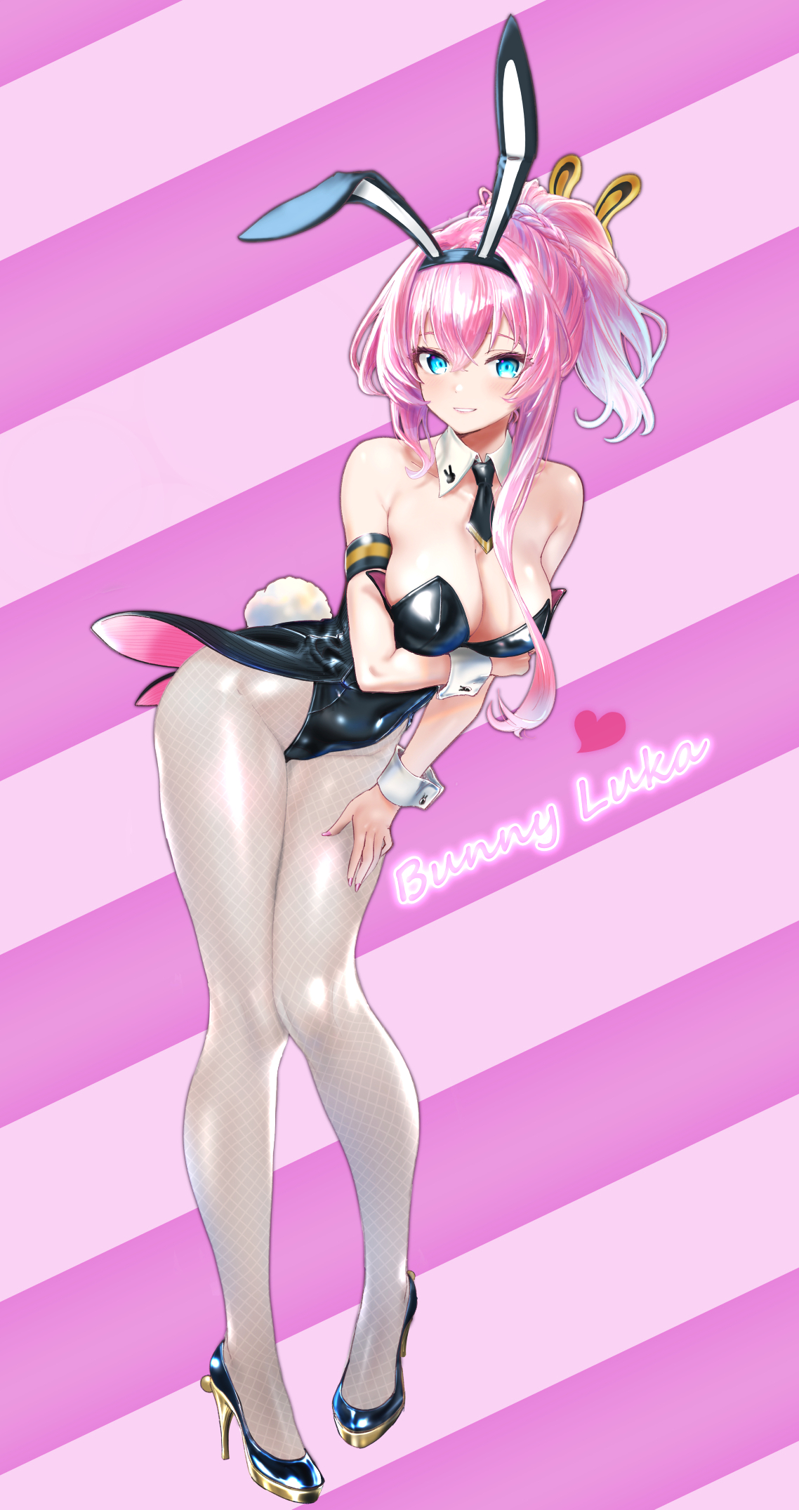 yukihane (snowowl515), megurine luka, vocaloid, commentary, highres, variant set, 1girl, animal ear hairband, animal ears, armband, black leotard, black necktie, blue eyes, breasts, character name, cleavage, detached collar, diagonal-striped background, fake animal ears, fake tail, fishnet pantyhose, fishnets, full body, hairband, heart, high heels, high ponytail, leotard, looking at viewer, necktie, pantyhose, pink background, pink hair, playboy bunny, ponytail, rabbit ear hairband, rabbit ears, rabbit tail, short necktie, solo, strapless, strapless leotard, striped background, tail, white pantyhose, wrist cuffs
