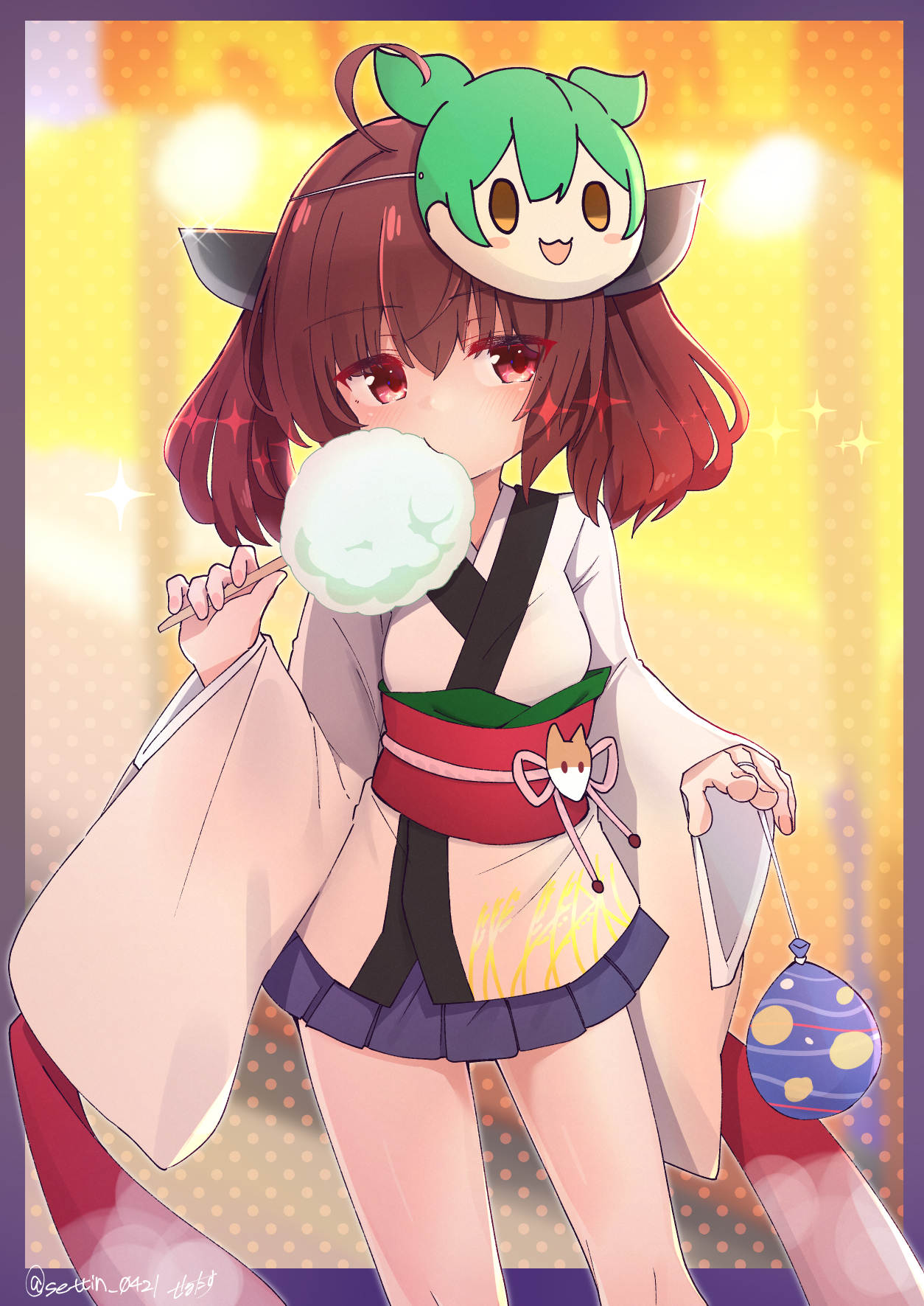 sechin, touhoku kiritan, zundamon, voiceroid, voicevox, highres, 1girl, ahoge, balloon, blue skirt, brown hair, character mask, cotton candy, cowboy shot, eating, food, headgear, holding, holding balloon, holding cotton candy, holding food, japanese clothes, kimono, light blush, long sleeves, looking at viewer, mask, mask on head, miniskirt, obi, red eyes, sash, short hair, sidelocks, skirt, solo, sparkle, twitter username, white kimono, wide sleeves
