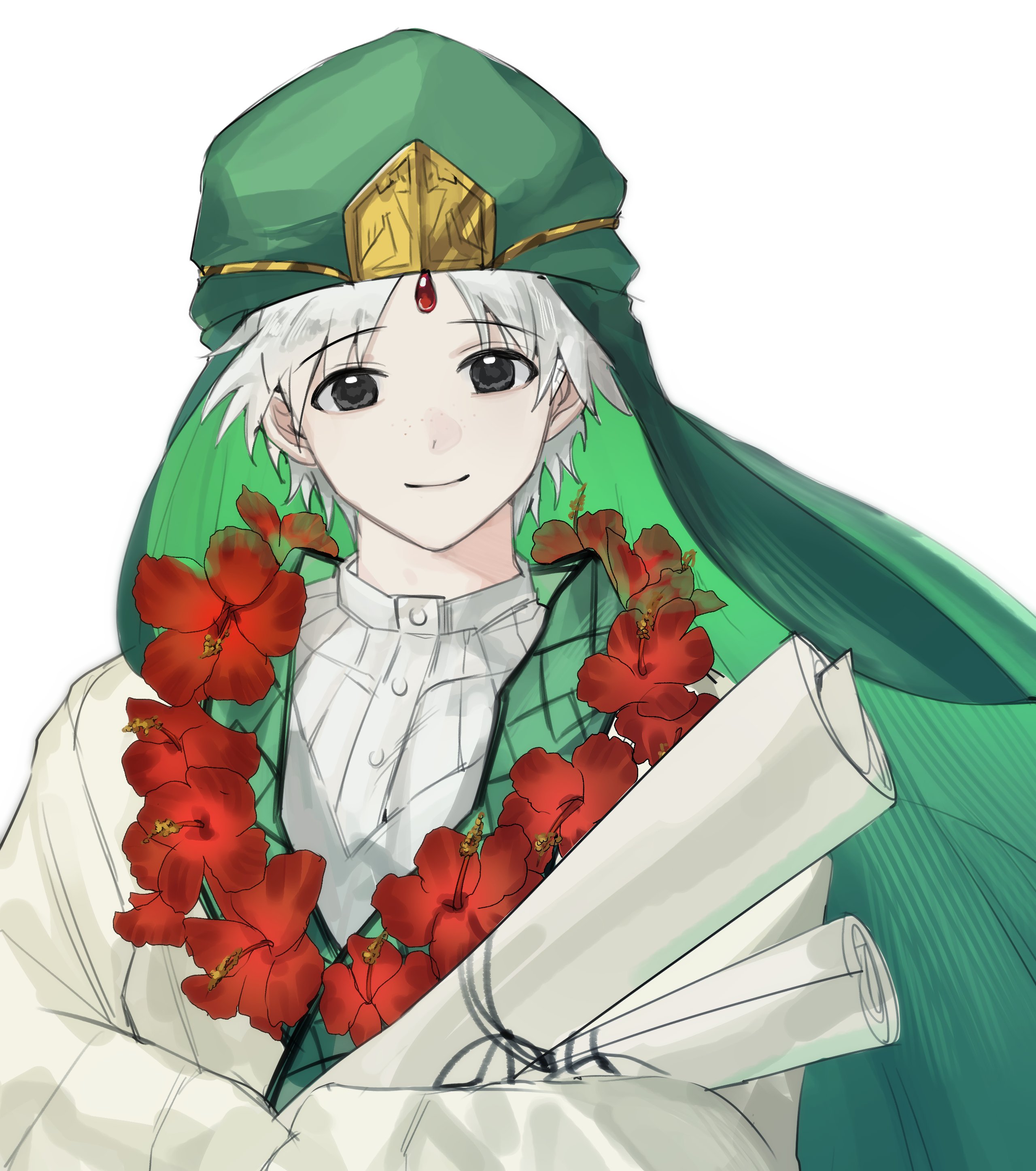 ja'far (magi), magi the labyrinth of magic, absurdres, highres, 1boy, black eyes, flower, flower necklace, forehead jewel, freckles, holding, holding scroll, jewelry, keffiyeh, lei, long sleeves, looking at viewer, male focus, necklace, scroll, shirt, simple background, sindriacat11, smile, solo, upper body, white background, white hair