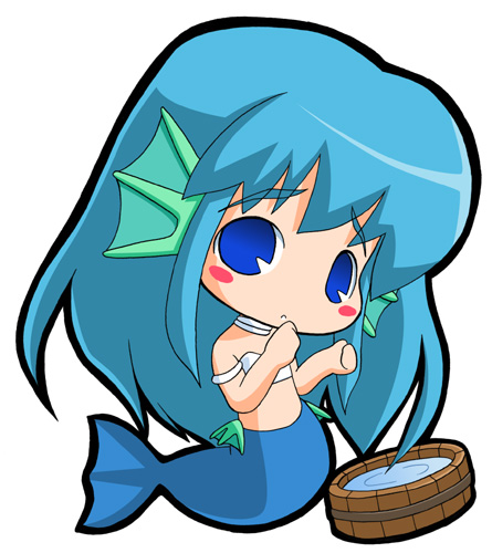suntail, serilly (puyopuyo), madou monogatari, puyopuyo, lowres, 1girl, bandeau, blue eyes, blue hair, blush stickers, bucket, chibi, female focus, fins, hand to own mouth, head fins, jewelry, matching hair/eyes, mermaid, monster girl, necklace, solo, strapless, tube top, white background
