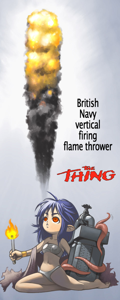 janome gochou, the thing (creature), original, the thing, highres, 1girl, fire, flamethrower, m2 flamethrower, mecha musume, military, personification, red eyes, royal navy, tentacles, weapon