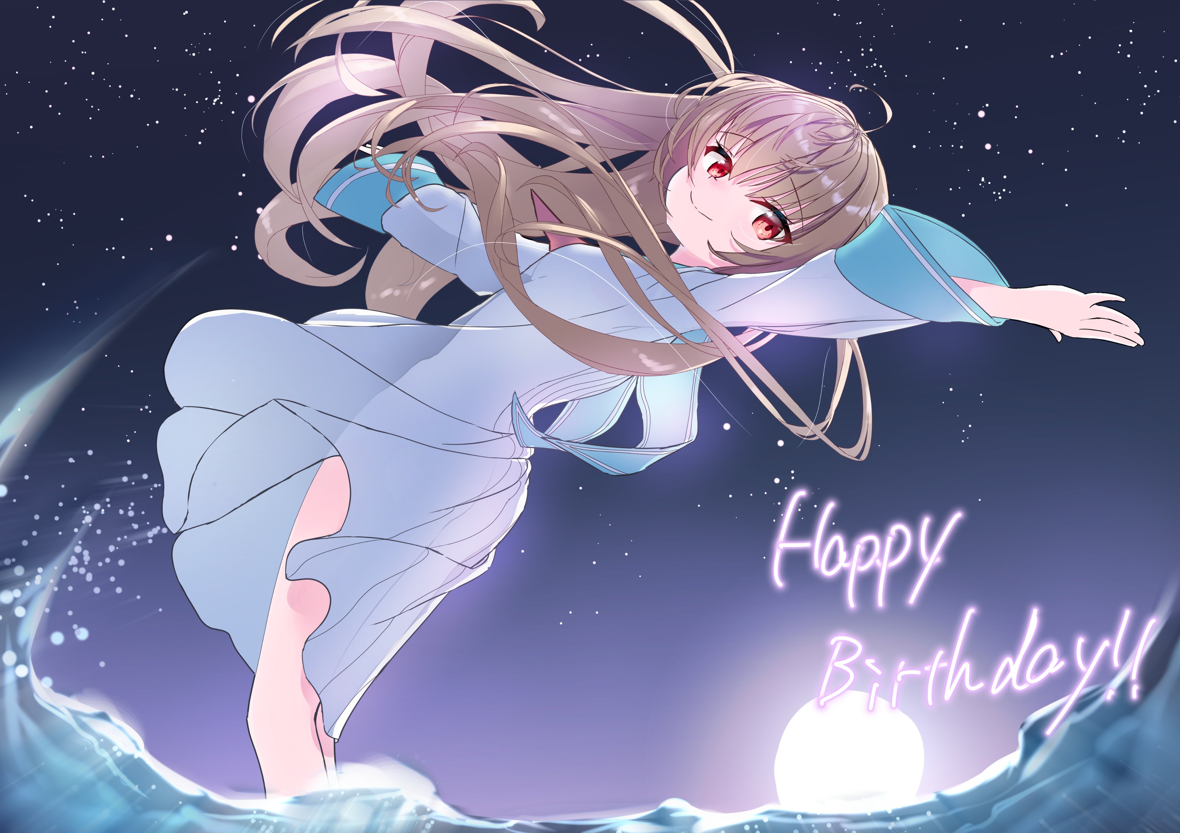 miraikanai, atri, atri-my dear moments-, absurdres, hashtag-only commentary, highres, 1girl, 2025, ahoge, backlighting, blue sailor collar, breasts, brown hair, closed mouth, dated commentary, dress, feet out of frame, floating clothes, floating hair, from side, full moon, hair between eyes, happy, happy birthday, leaning back, long hair, long sleeves, looking at viewer, moon, moonlight, night, night sky, open hands, outdoors, outstretched arms, red eyes, sailor collar, sailor dress, see-through clothes, see-through dress, see-through silhouette, sky, small breasts, smile, solo, split mouth, standing, star (sky), starry sky, two side up, very long hair, water, white dress, wide sleeves