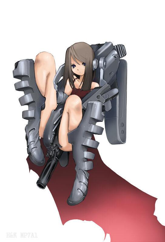 nano (nanosize), heckler & koch, brown hair, gun, h&k mp7, mecha musume, military, personal defense weapon, solo, submachine gun, weapon