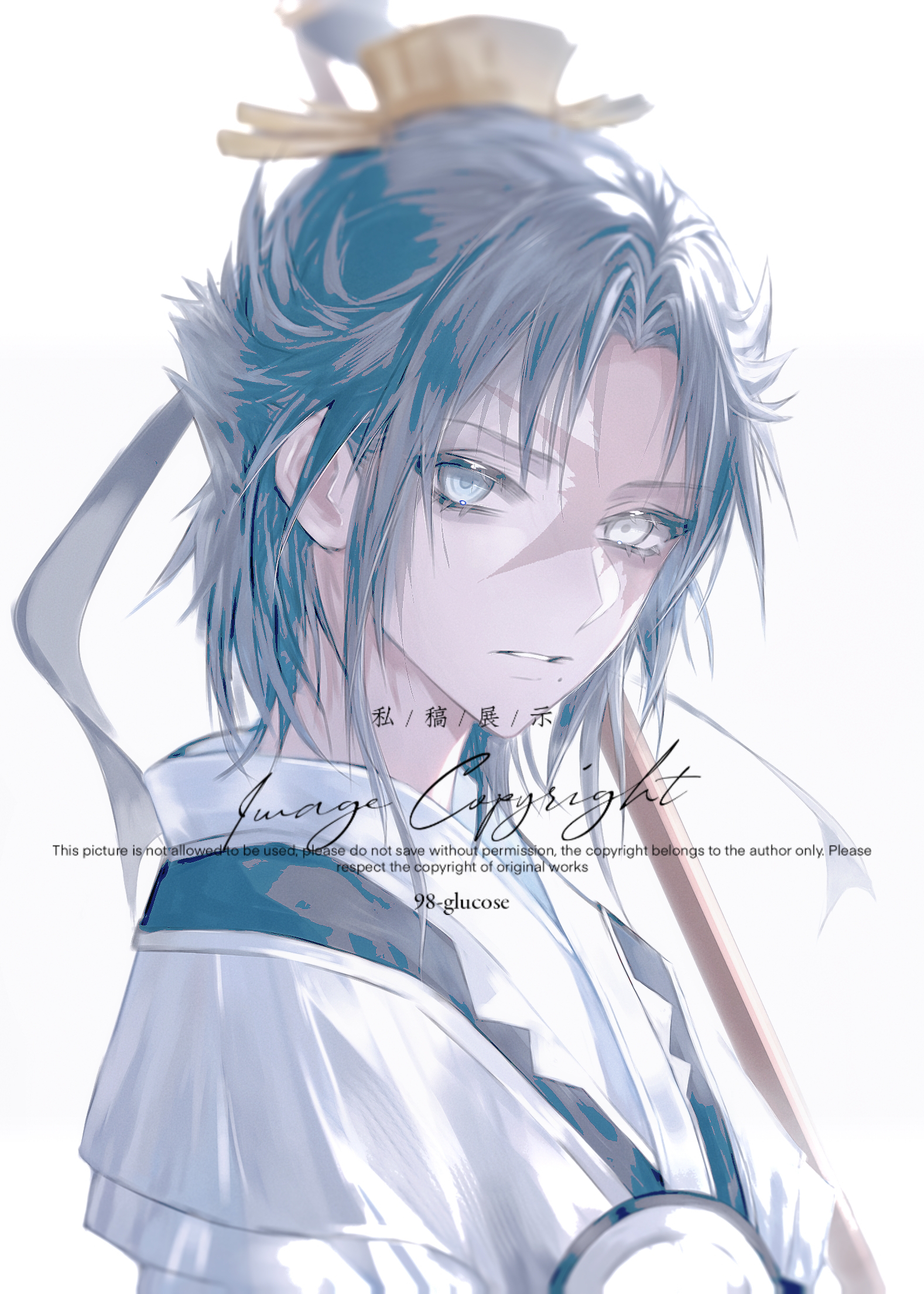 ren hakuryuu, magi the labyrinth of magic, artist request, commission, highres, second-party source, 1boy, blue eyes, blue hair, chinese clothes, hanfu, heterochromia, looking at viewer, male focus, medium hair, mole, mole under mouth, parted lips, scar, scar across eye, scar on face, simple background, solo, upper body, white background, white eyes, xiao guan (headdress)