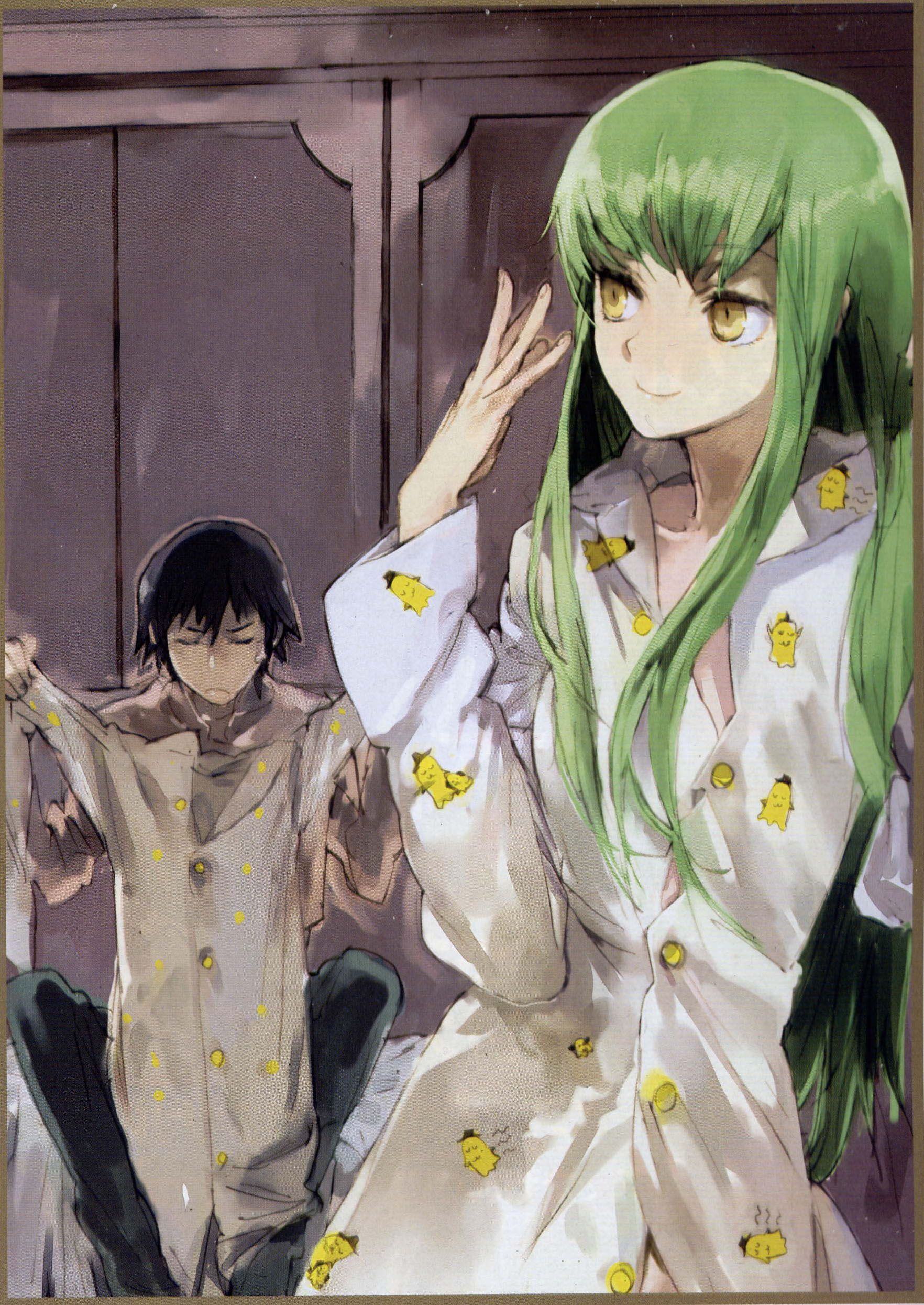 toi8, c.c., cheese-kun, lelouch vi britannia, code geass, pizza hut, absurdres, highres, 00s, 1boy, 1girl, black hair, closed eyes, green hair, long hair, pajamas, yellow eyes