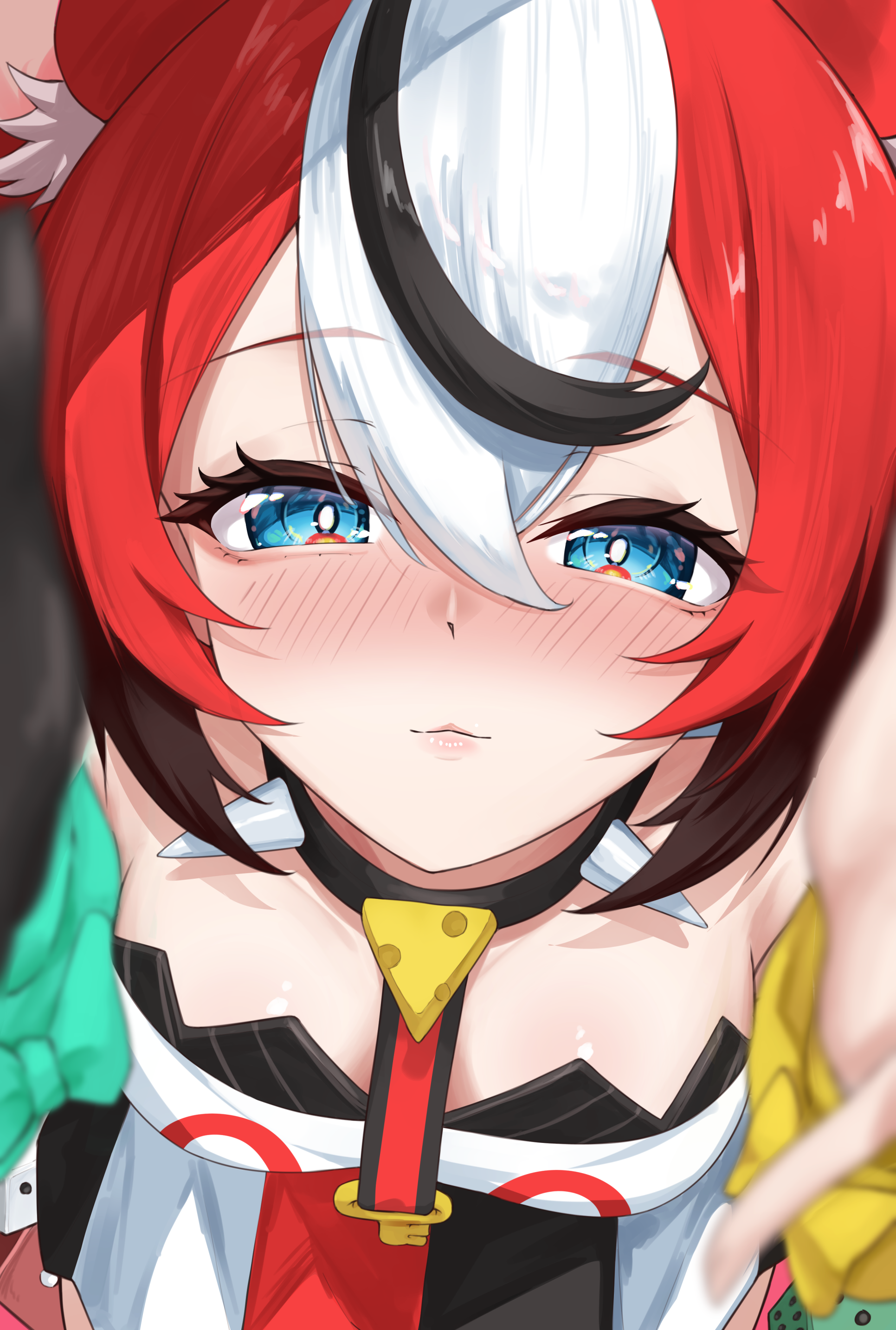ilie ilie, hakos baelz, hakos baelz (1st costume), hololive, hololive english, absurdres, highres, 1girl, animal ear fluff, animal ears, aqua bow, black collar, black hair, blue eyes, bow, breasts, bright pupils, closed mouth, collar, key, looking at viewer, mouse ears, mouse girl, multicolored hair, red hair, solo, spiked collar, spikes, virtual youtuber, white hair, white pupils