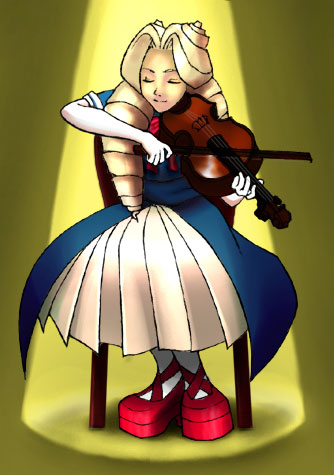 kirishima yurika, justice gakuen, moero! justice gakuen, cross-laced footwear, lowres, 1girl, drill hair, elbow gloves, female focus, gloves, instrument, music, pantyhose, solo, twin drills, violin, white pantyhose