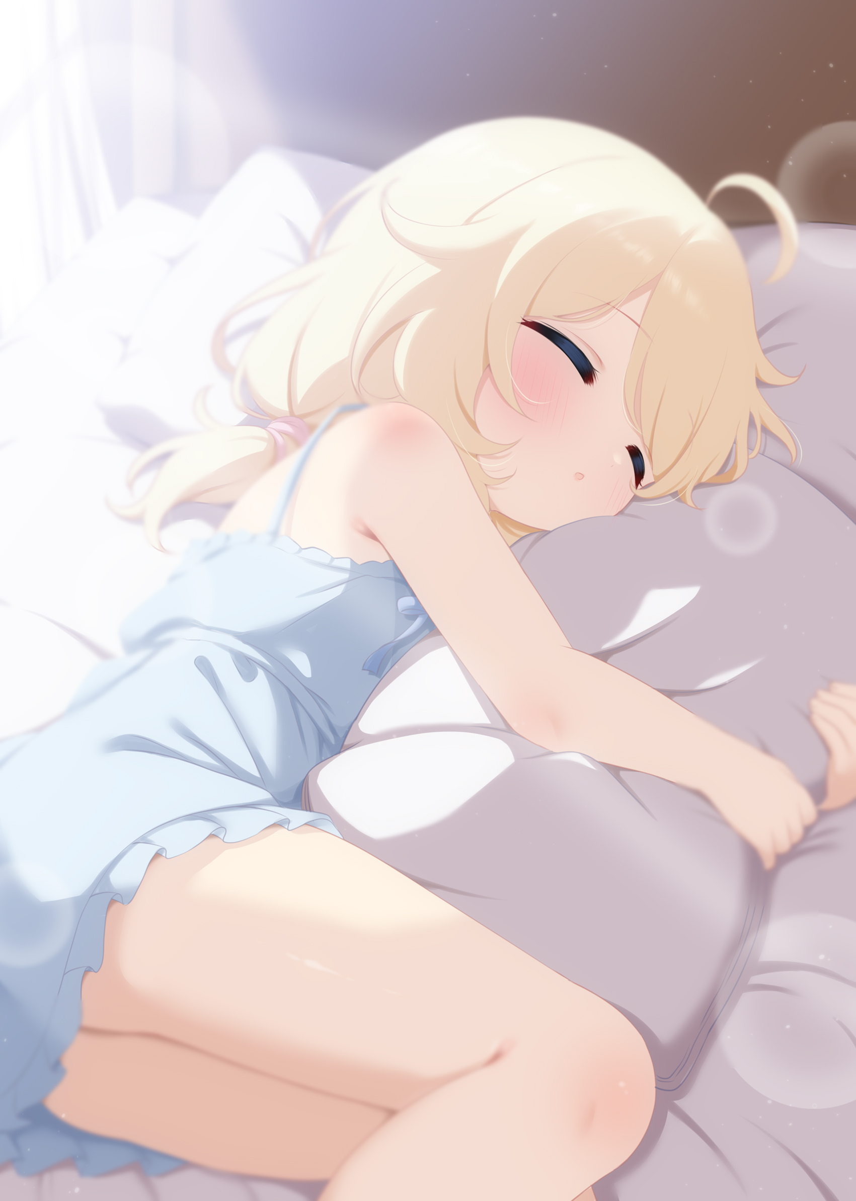 hosizora mikoto, yusa kozue, idolmaster, idolmaster cinderella girls, commentary request, highres, 1girl, ahoge, blonde hair, blue dress, blush, closed eyes, dress, frilled dress, frills, hugging object, long hair, low twintails, lying, on side, open mouth, pillow, pillow hug, sleeping, solo, sundress, twintails