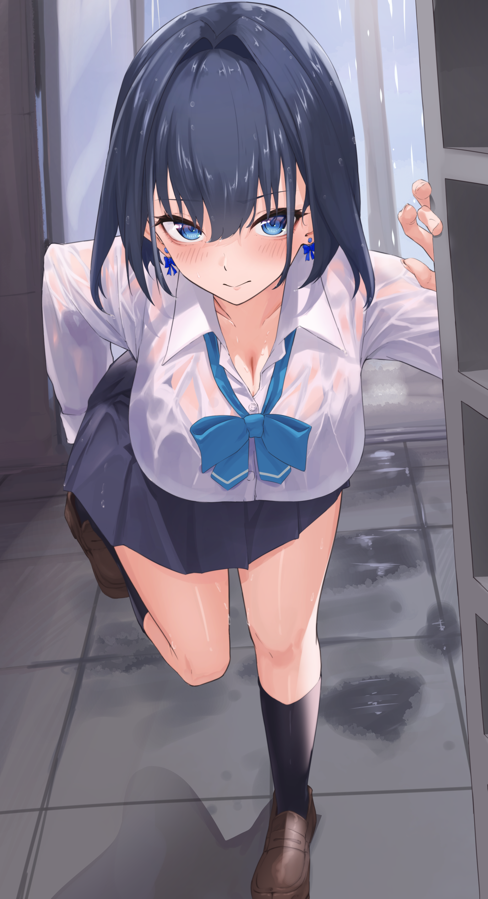 ilie ilie, ouro kronii, hololive, hololive english, absurdres, highres, 1girl, black hair, black skirt, black socks, blue bow, blue bowtie, blue eyes, bow, bow earrings, bowtie, breasts, brown shoes, buttons, cleavage, closed mouth, collarbone, earrings, hair intakes, jewelry, large breasts, long sleeves, pleated skirt, rain, school uniform, shirt, shoes, skirt, socks, solo, virtual youtuber, wet, wet clothes, wet hair, wet shirt