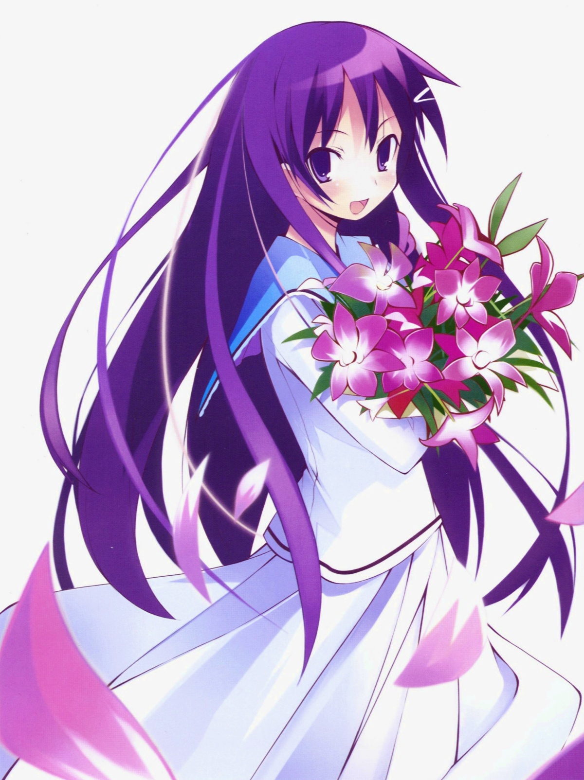 yamamoto keiji, akiba rika, hanbun no tsuki ga noboru sora, highres, 00s, 1girl, female focus, flower, hair ornament, hairclip, long hair, purple eyes, purple hair, school uniform, serafuku, solo